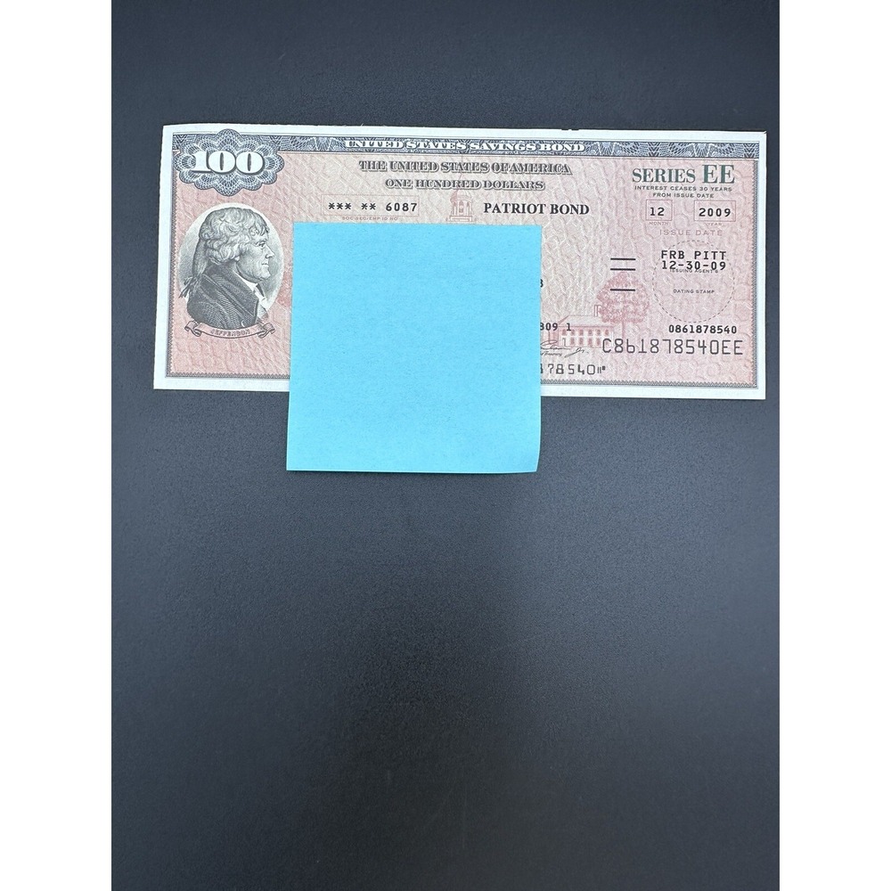 US SAVING BOND JEFFERSON $100.00 2009 SERIES EE GREEN SEAL HISTORICAL DOCUMENT